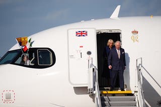 King Charles III and Queen Camilla arriving at Giovan Battista Pastine international airport in Rome
